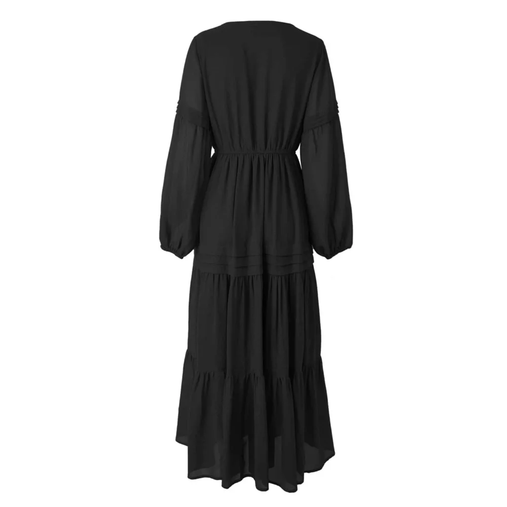 Black Bohemian Maxi Dress Chiffon Neck Ties Long Sleeve Ruffle Hem Flowy - Picture 9 of 10